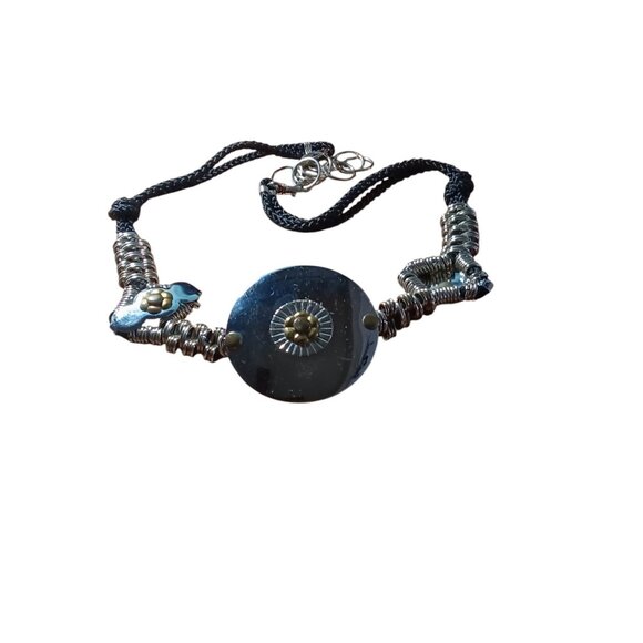 Womens Large Hardware Chrome Disc Brass Flowers Black Cord 38\